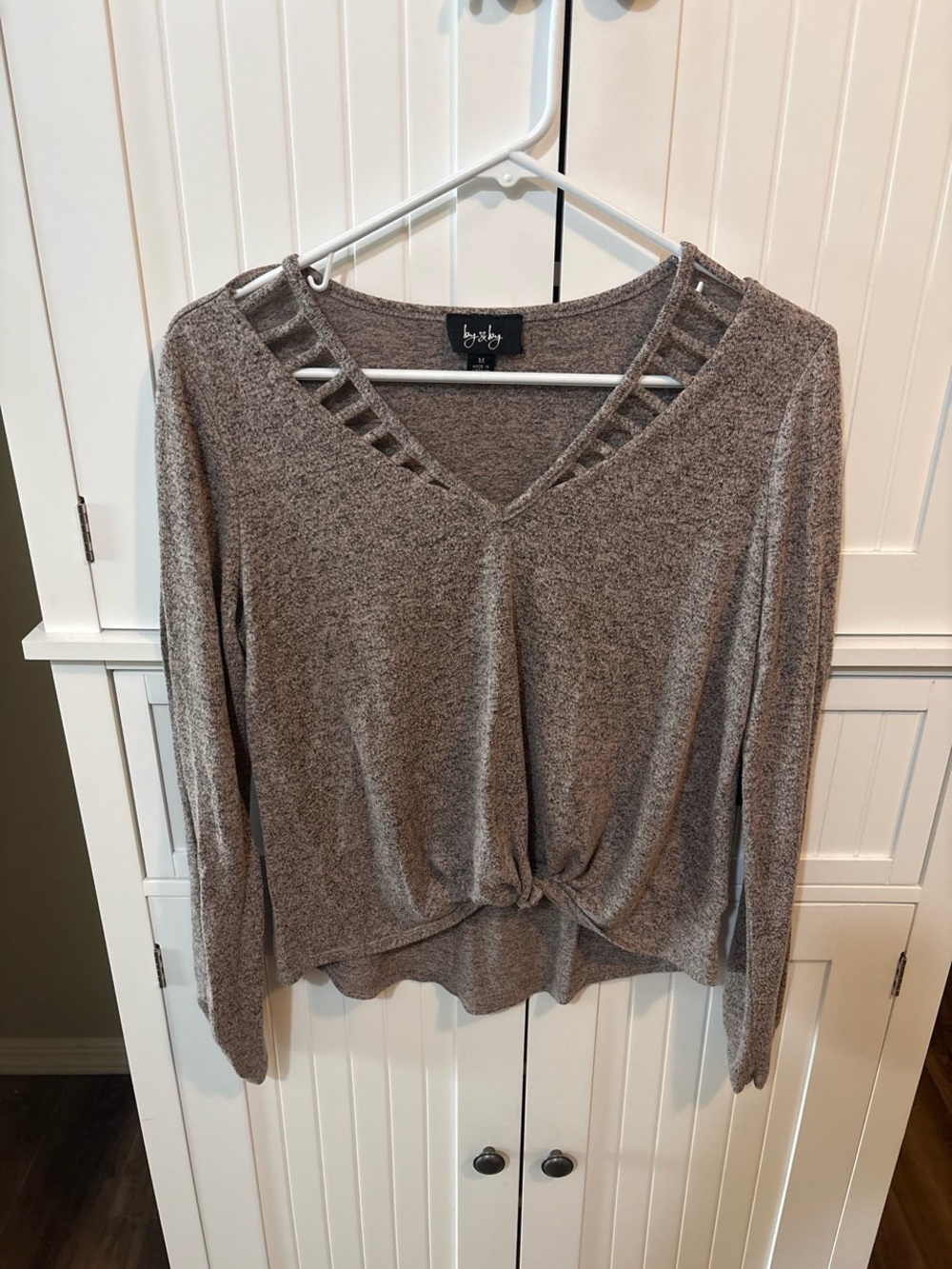 by & by Taupe V-Neck Long Sleeve Top with Ladder Trim and Front Knot Glam Boho